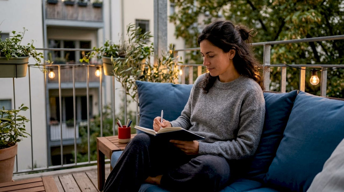 Woman journaling in cozy bedroom at night
