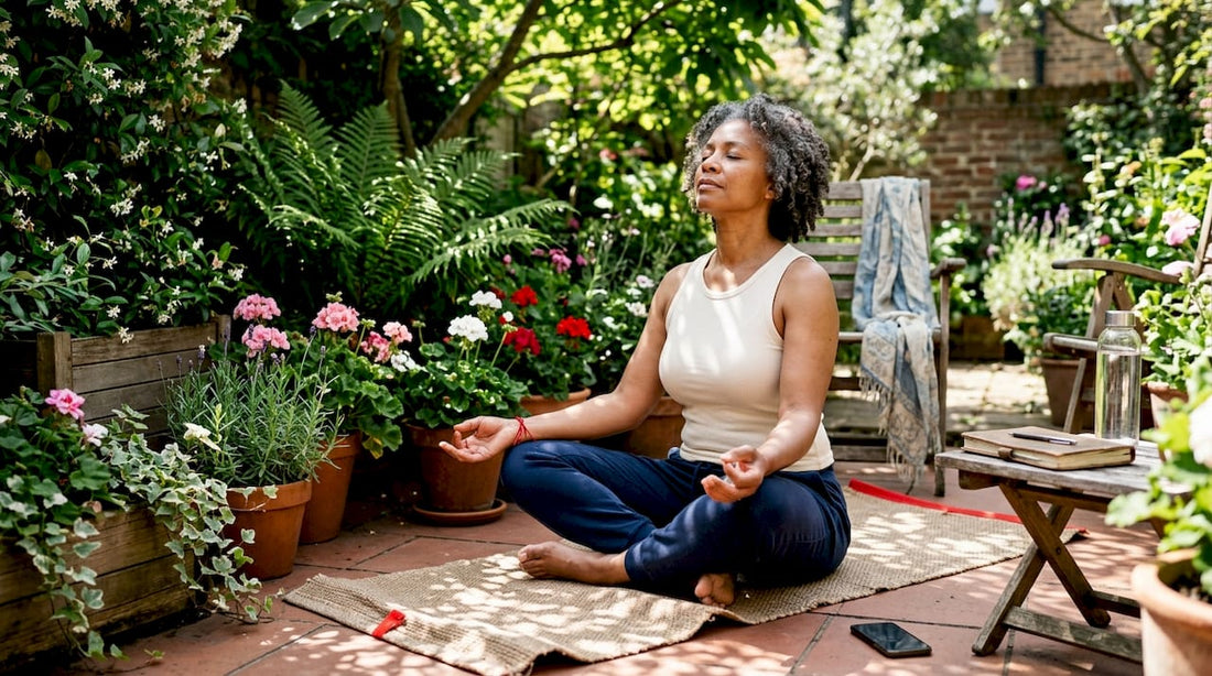 Woman practicing morning wellness stretch at home