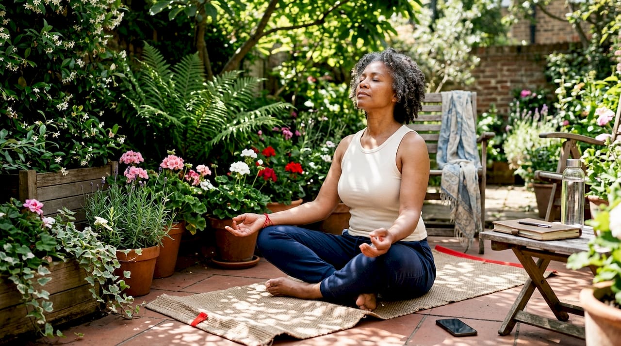 Woman practicing morning wellness stretch at home