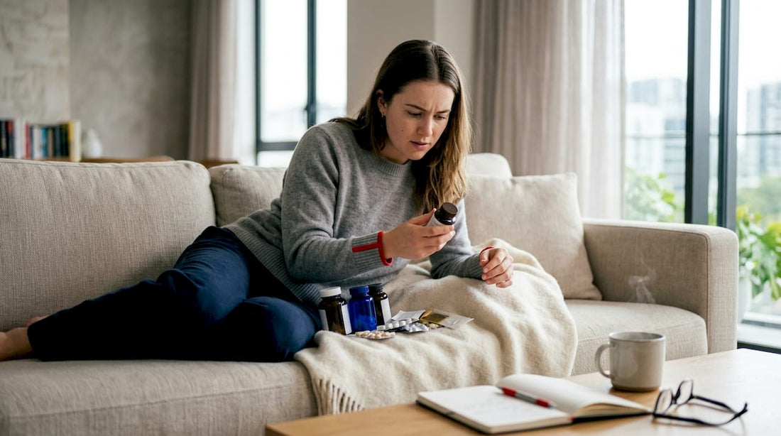 Woman reviewing sleep supplement bottles at table