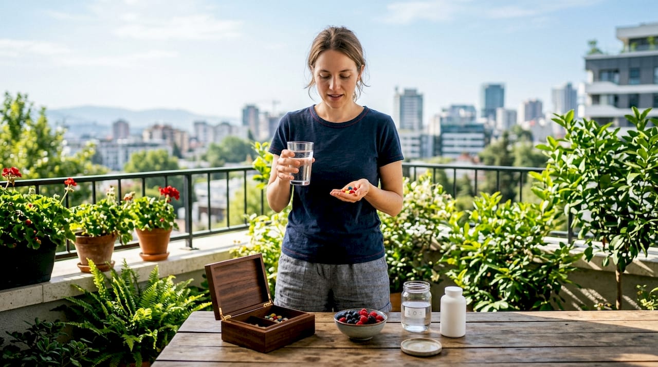 Woman taking morning skin supplements in kitchen