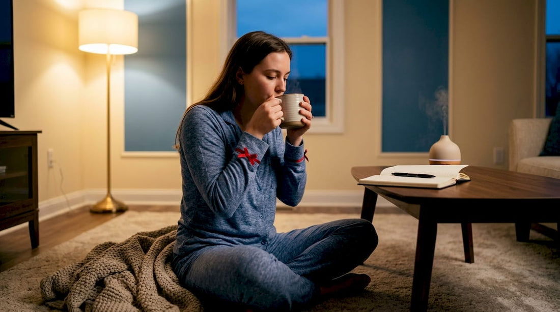 Woman starting evening wind-down routine in cozy bedroom