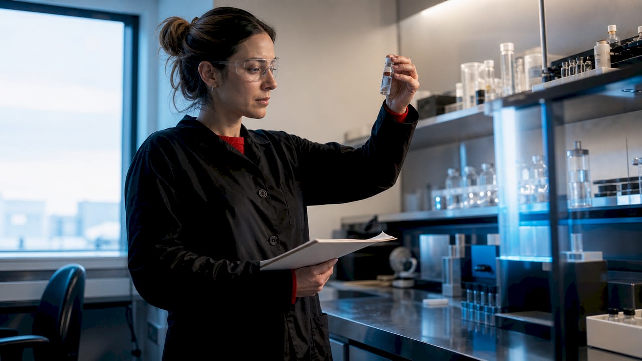 Scientist examining peptide vial in lab