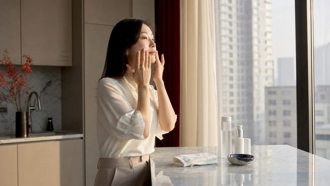 Professional woman applying moisturizer in bathroom