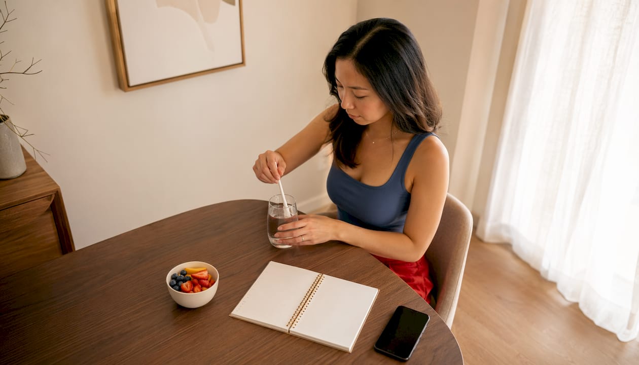 Woman mixing beauty supplement in kitchen morning