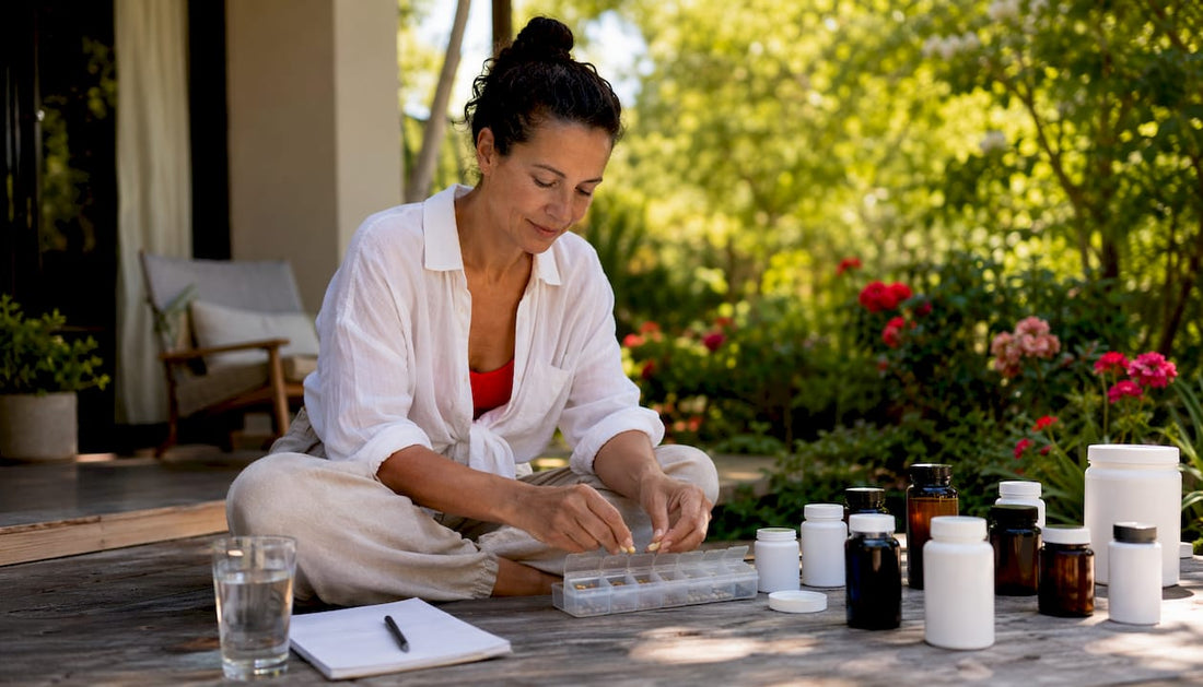 Woman organizing daily supplements at kitchen table
