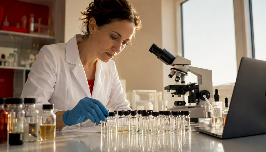 Skincare researcher examining peptide serums in lab