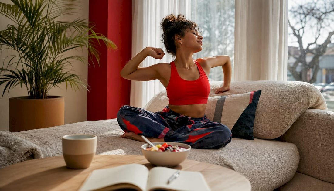 Woman stretching waking up in bedroom