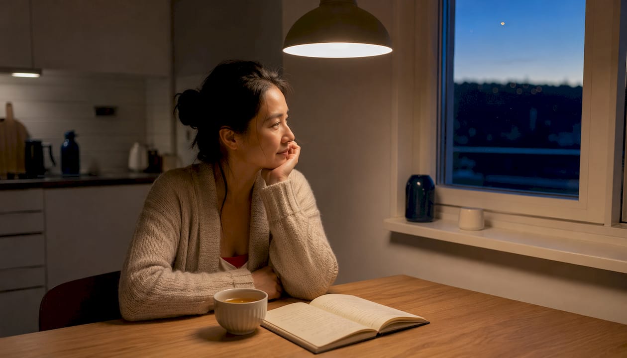 Woman reading a book during evening relaxation