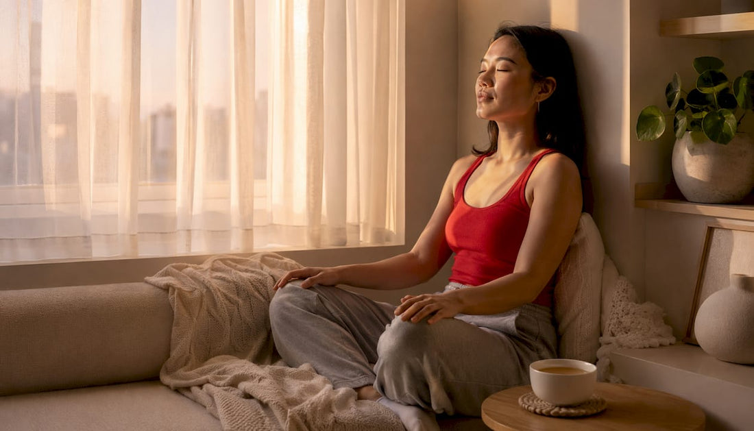 Woman practicing box breathing in cozy living room