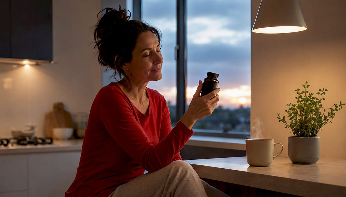 Woman holding magnesium glycinate bottle at home