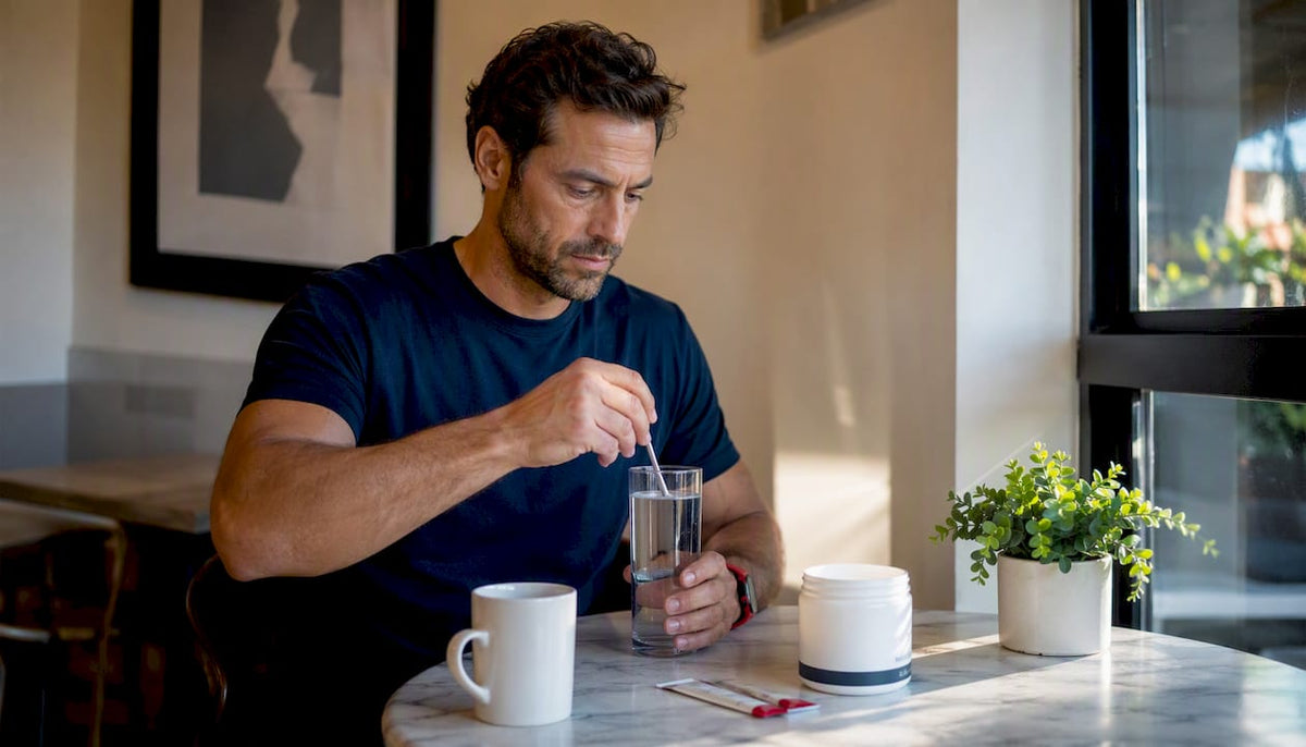 Man preparing collagen supplement at kitchen table