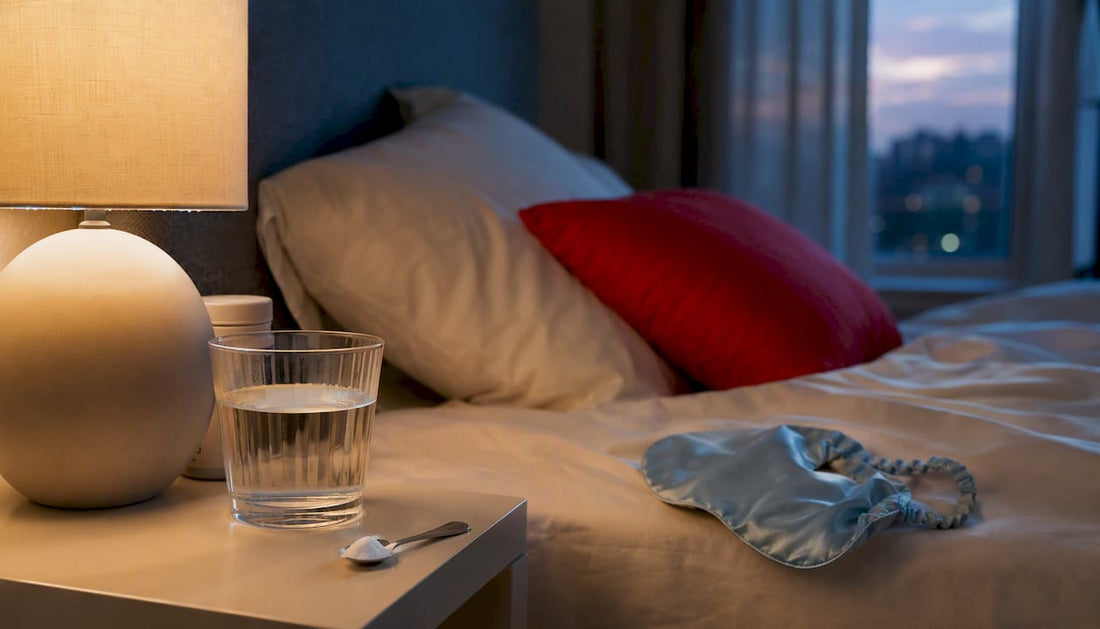 Bedside table with sleep supplements and water