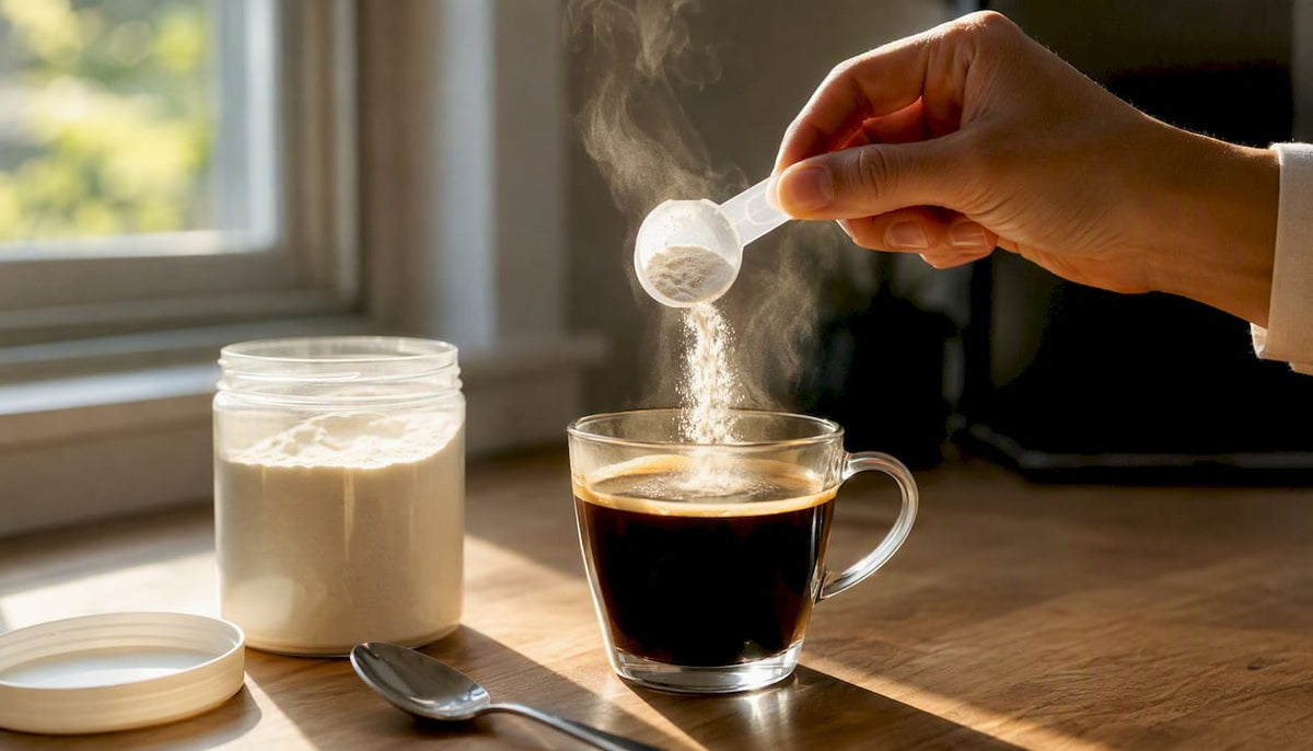 Hand adding collagen powder to coffee