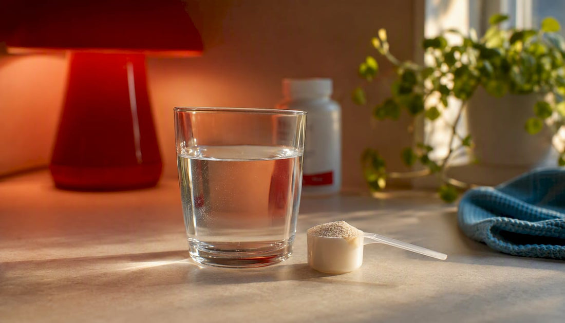 Collagen supplement and water on bathroom counter