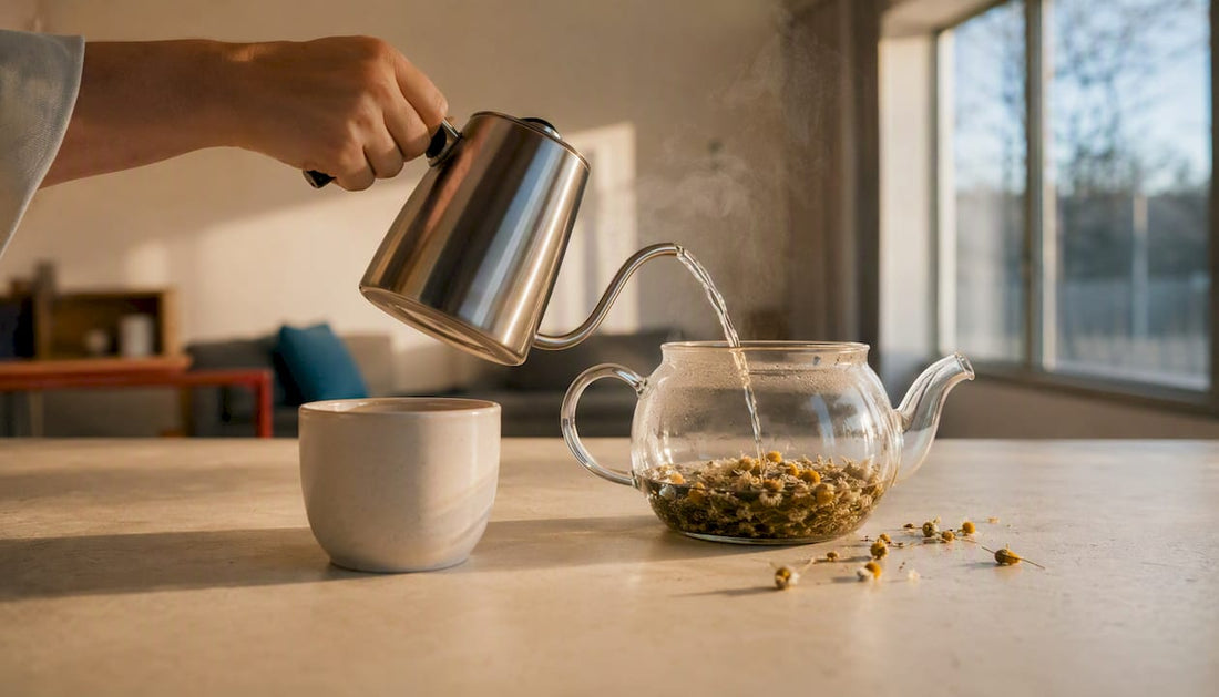Hands pouring hot water over chamomile flowers in teapot