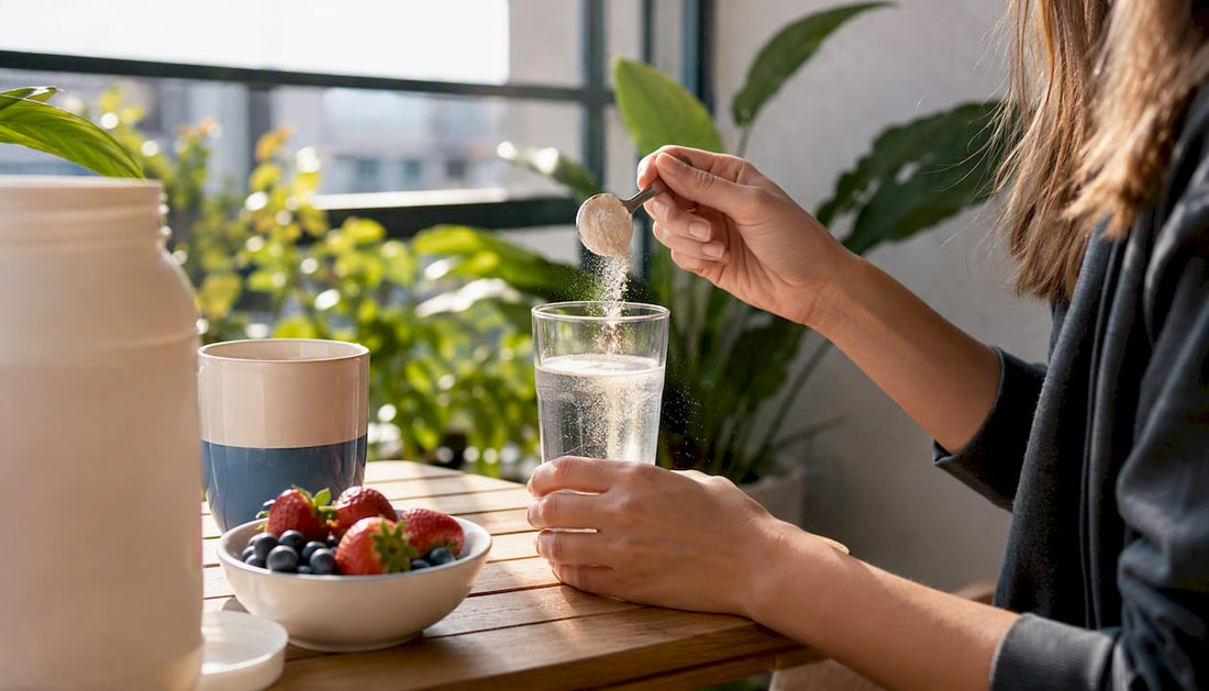 Hands scooping collagen powder into glass
