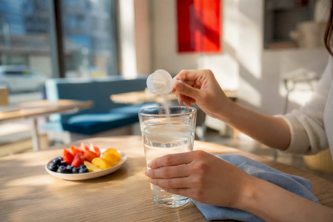 Hands stirring collagen peptides in glass