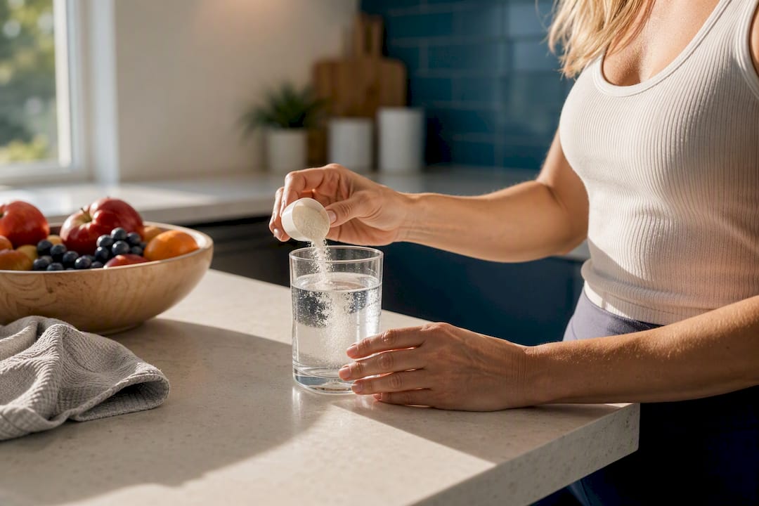Hands mixing collagen drink in kitchen