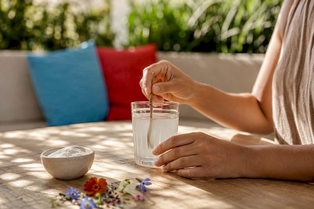 Hands stirring collagen drink on kitchen counter