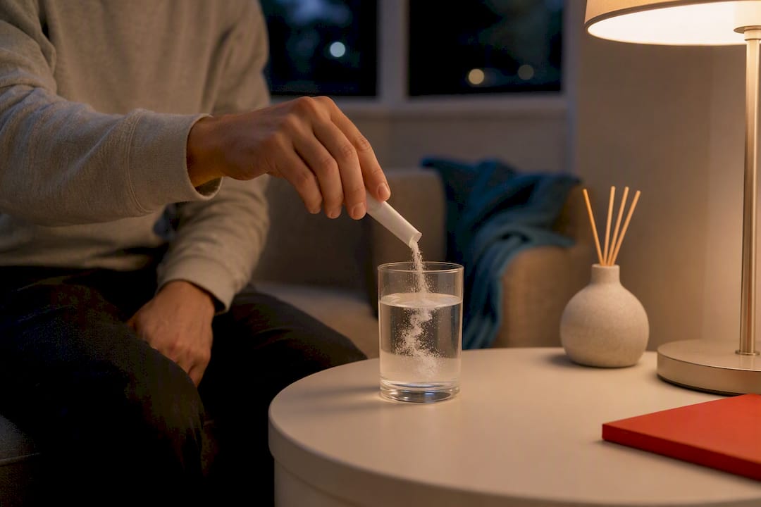 Hand pouring magnesium powder into water glass