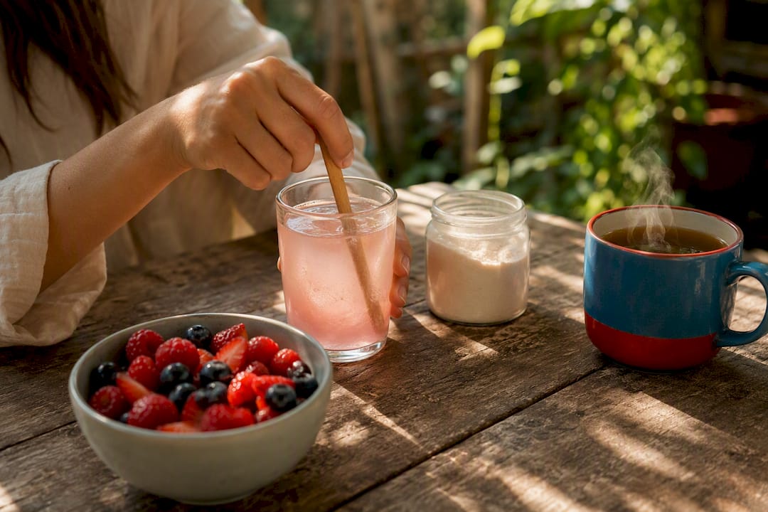 Hands stirring collagen peptide drink in glass