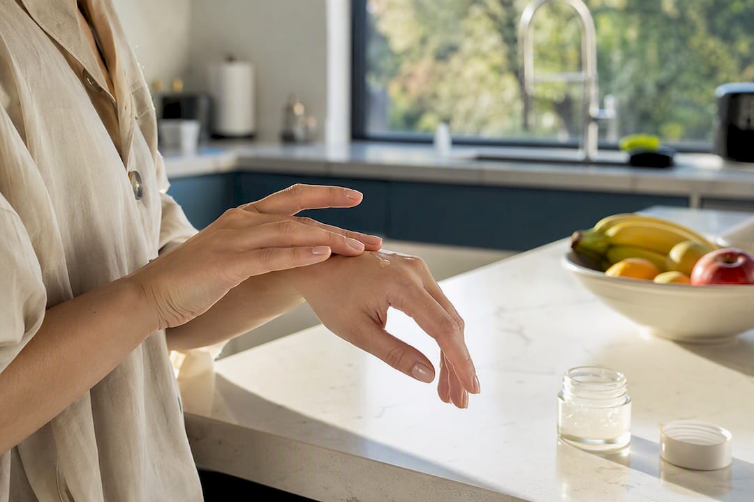 Hands applying collagen serum to skin
