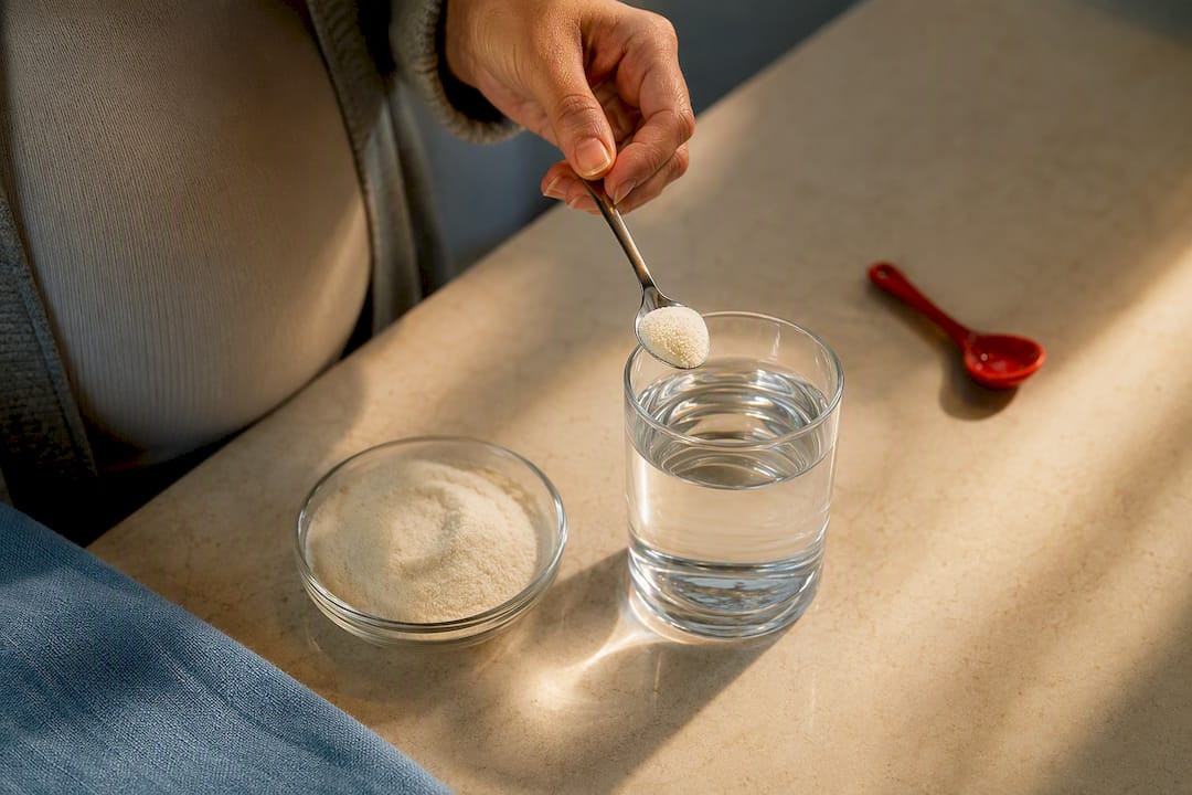 Hand measuring collagen peptides into water