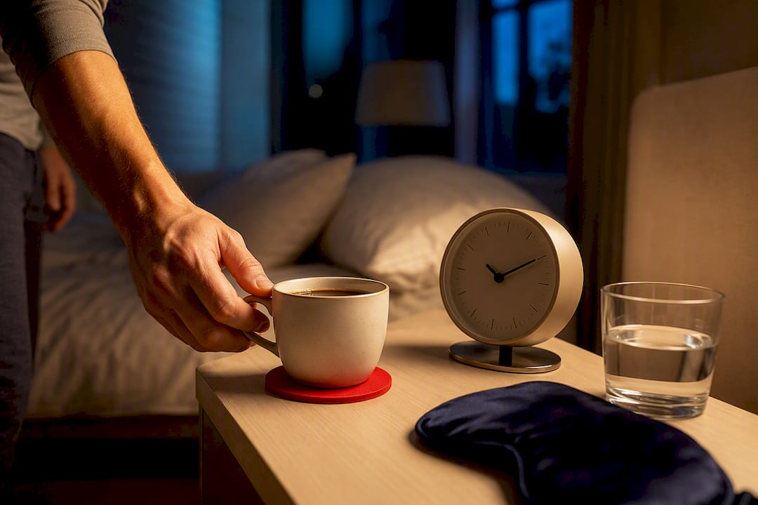 Coffee cup beside clock before bedtime