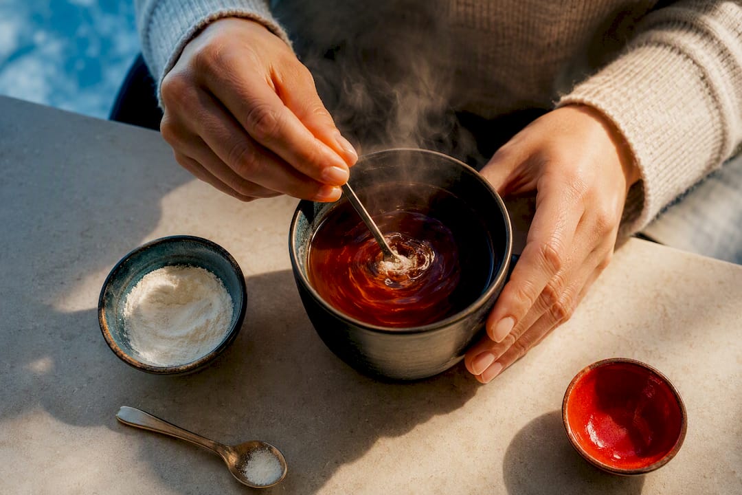 Hands stirring collagen powder into tea