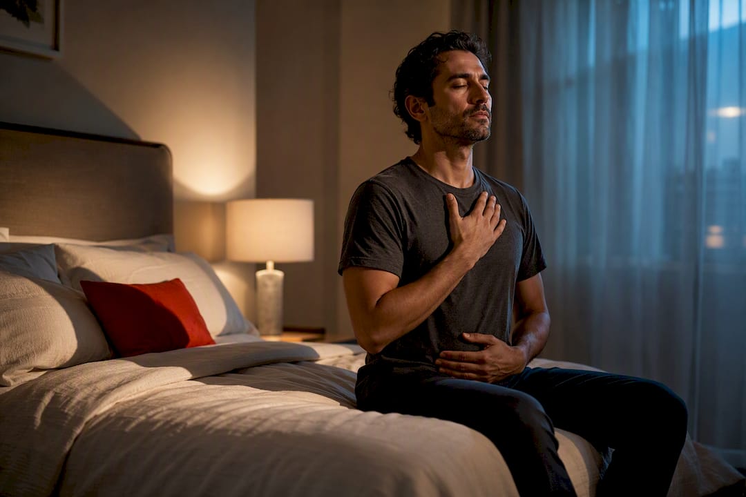 Adult practicing calm breathing before sleep