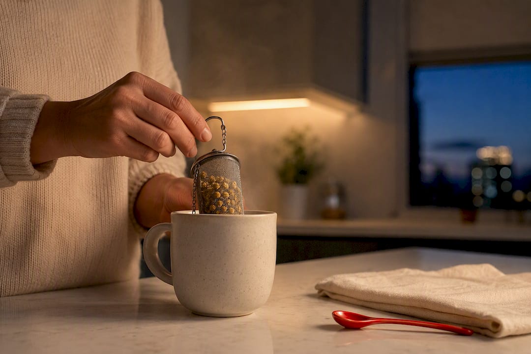 Chamomile flowers steeping in evening tea