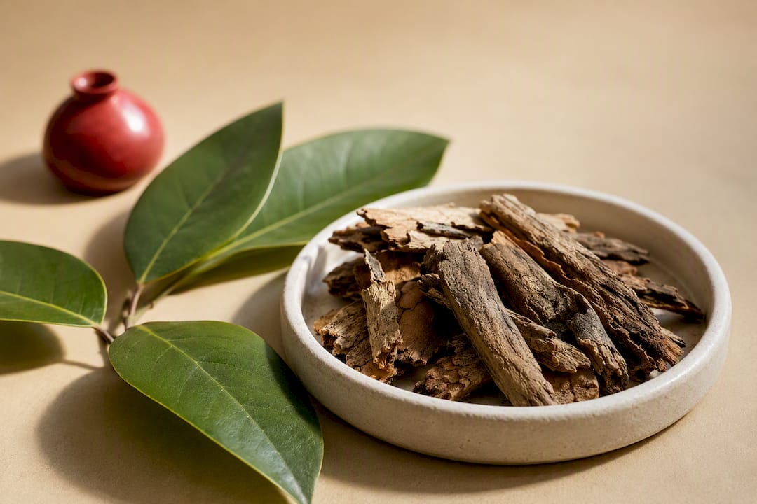 Magnolia bark pieces in botanical studio