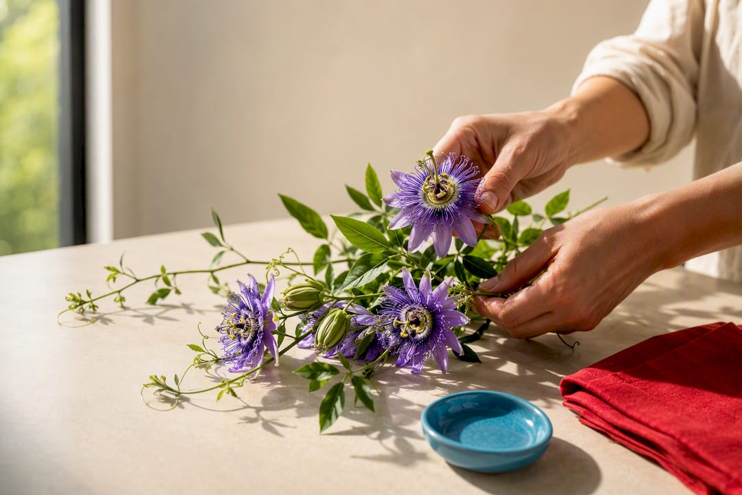 Passionflower blossoms arranged for botanical study