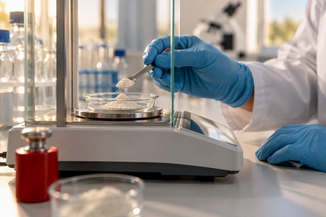 Researcher measuring collagen powder in laboratory