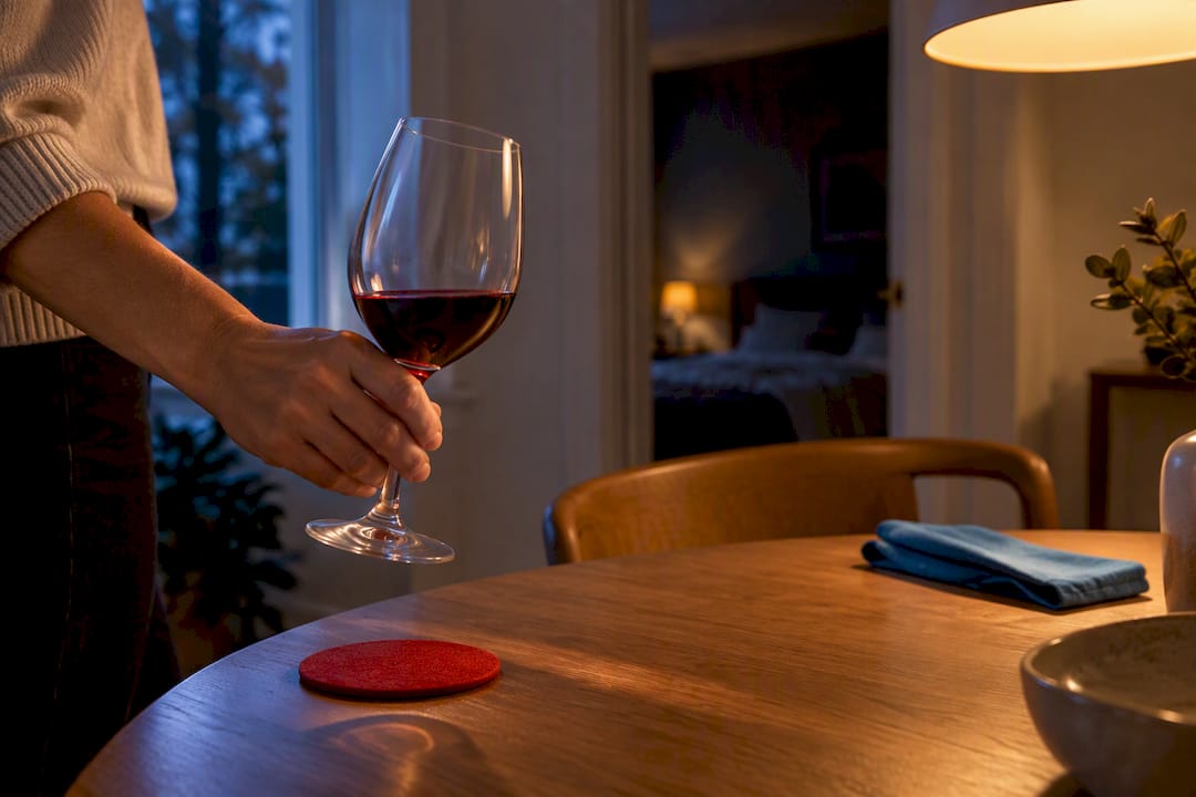 Wine glass being set aside before sleep