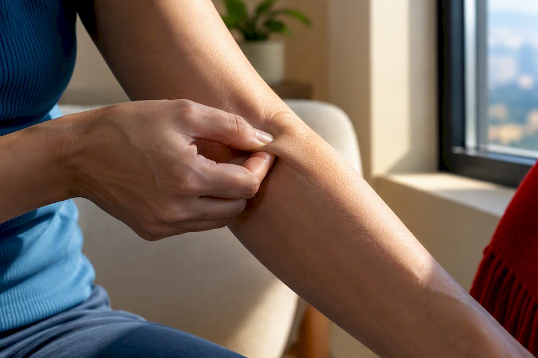 Pinch test showing skin elasticity in sunlight