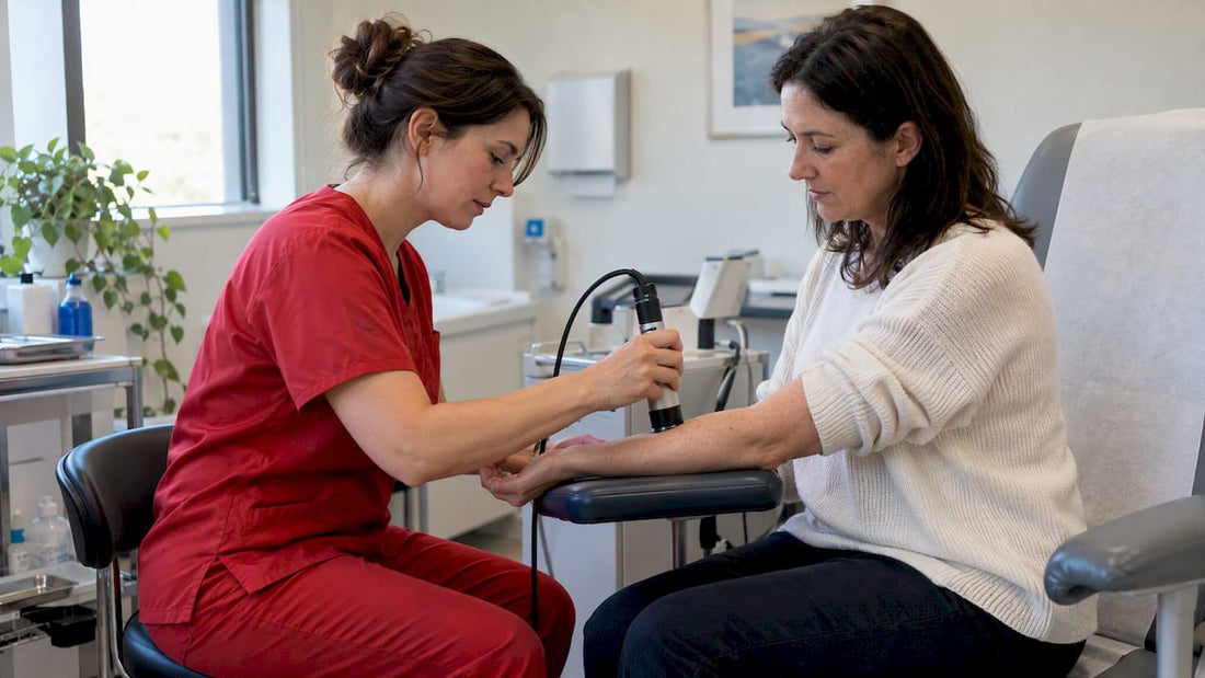 Clinician measuring participant skin elasticity
