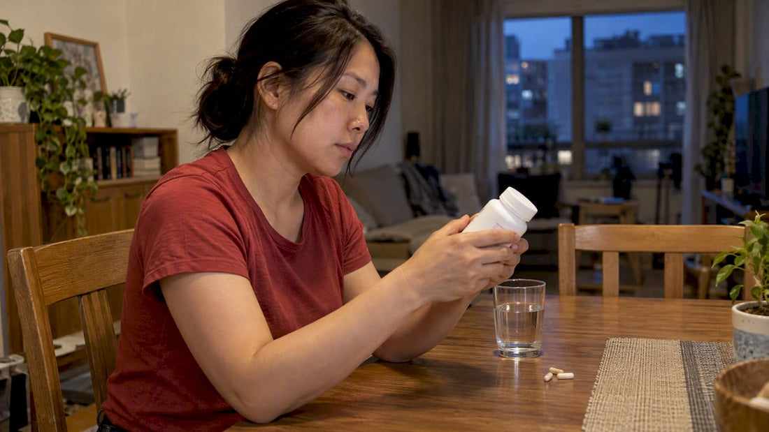 Woman checking supplement serving guidance at home
