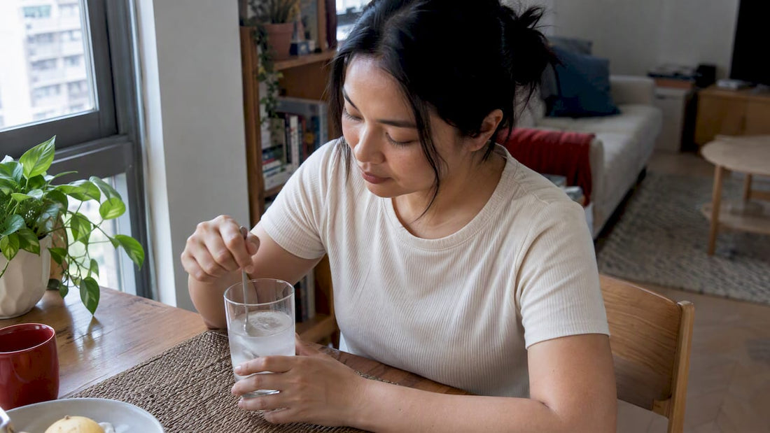Woman stirring a collagen drink at home